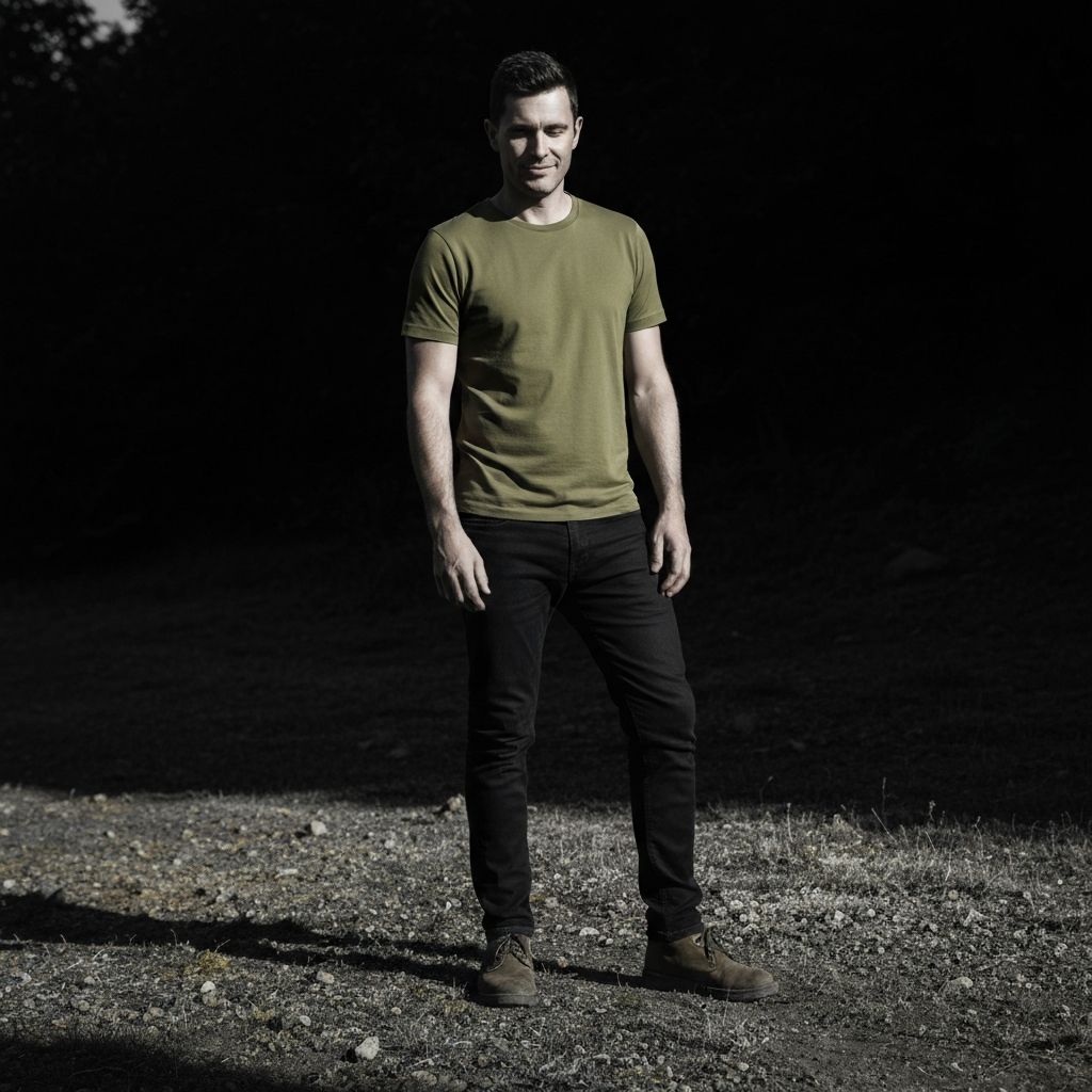 Man in natural landscape showing composure and calm with dramatic lighting and authentic grounded moment