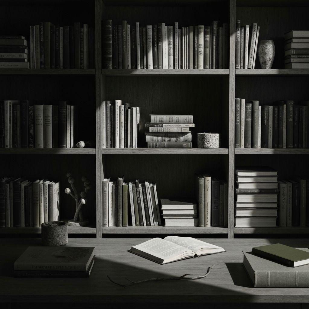 Organized scholarly space with books and natural materials suggesting deep study, research, and contemplation