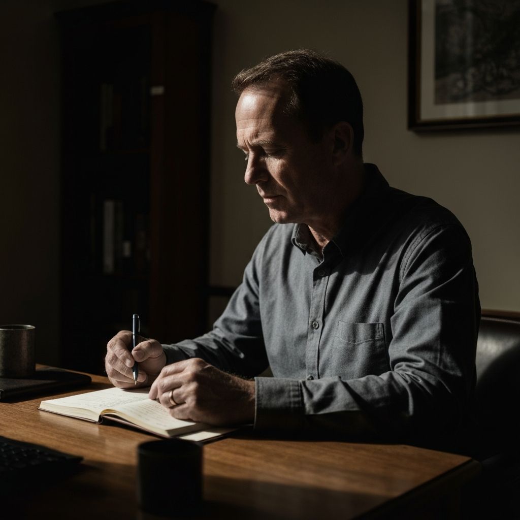 Man in state of mental focus and contemplation with natural interior space and dramatic directional lighting