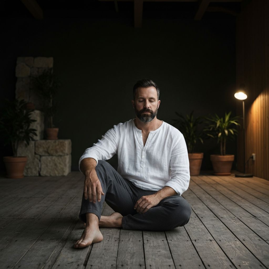 Man in relaxed state in natural setting showing peaceful, restorative mood with calm atmosphere